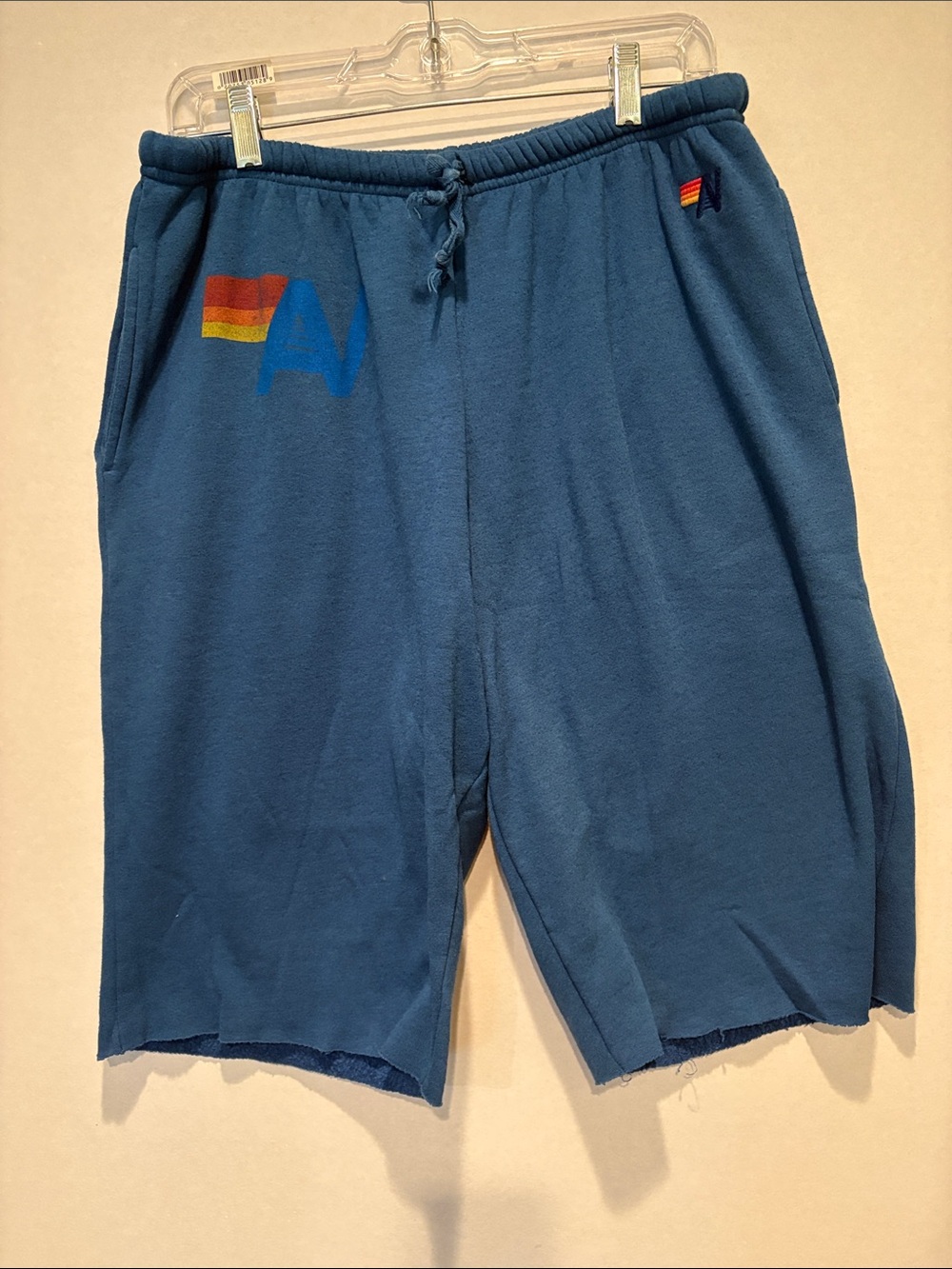 Aviator Nation - Men's Sweat Shorts. Raw Hem, rainbow Logo. Size XXL. Blue